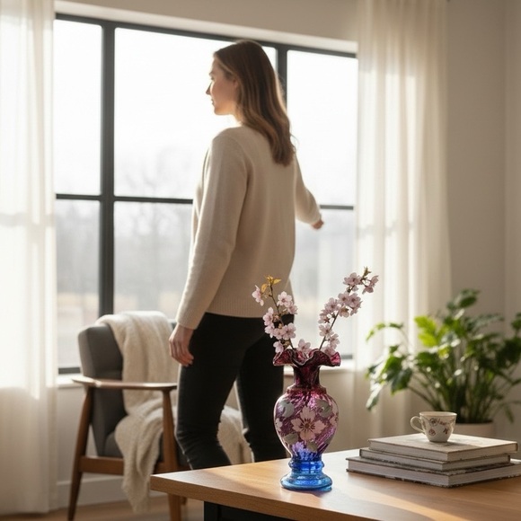 Fenton Hand Painted Art Glass Vase-Cranberry and Cobalt Ruffled 8”-Signed - Picture 4 of 10